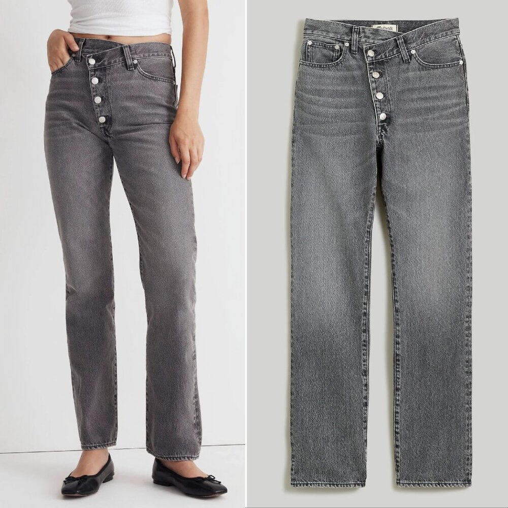 Madewell The '90s Straight JEANS Size 26 Crossover Waist Button Grey NEW $138